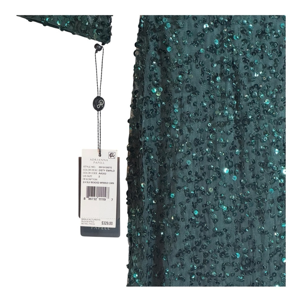 Adriana Papell 3/4 Sleeve Beaded Mermaid Gown in Dusty Emerald NWT - Picture 9 of 10